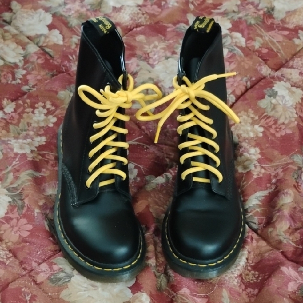 Dr. Martens Black Leather Lace Up Boots with Yellow Laces